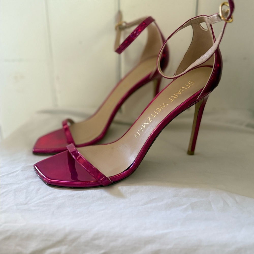 Stuart Weitzman nudistcurve metallic hot pink heels, orchid, size 9, new